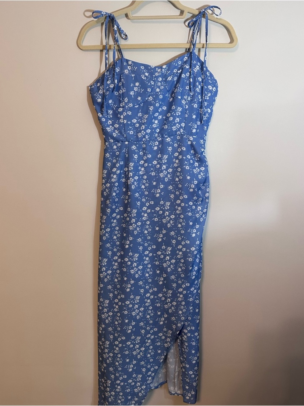 2Bella Womens Blue Floral Tie-Shoulder Maxi Dress with Slit Smocked Back Size S